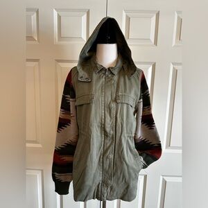 Thread & Supply Olive Green Utility Jacket with Southwest Sweater Sleeves